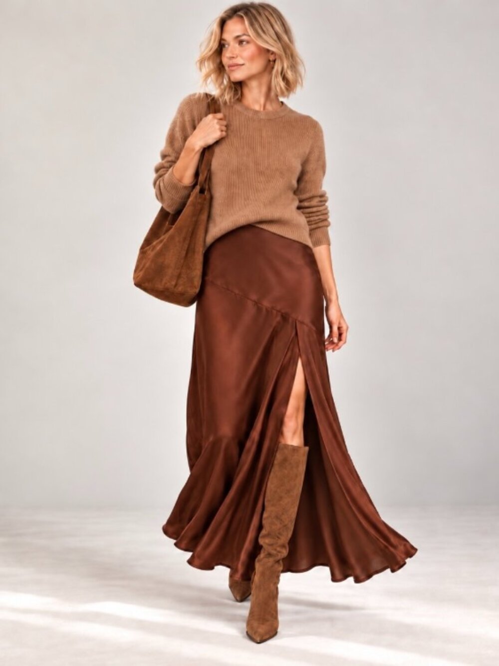 Pink Lily choc brown/copper satin look maxi skirt size L contemporary - Picture 1 of 8